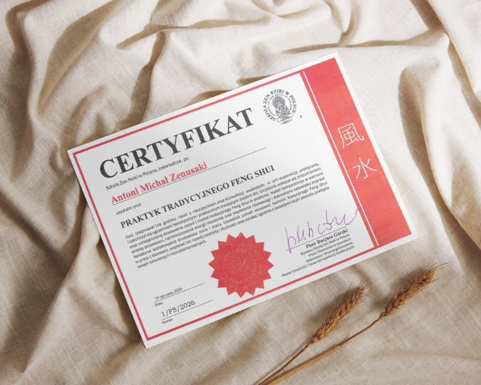 Certyfikat ukończenia kursu Feng Shui - psychologia otoczenia i wnętrz