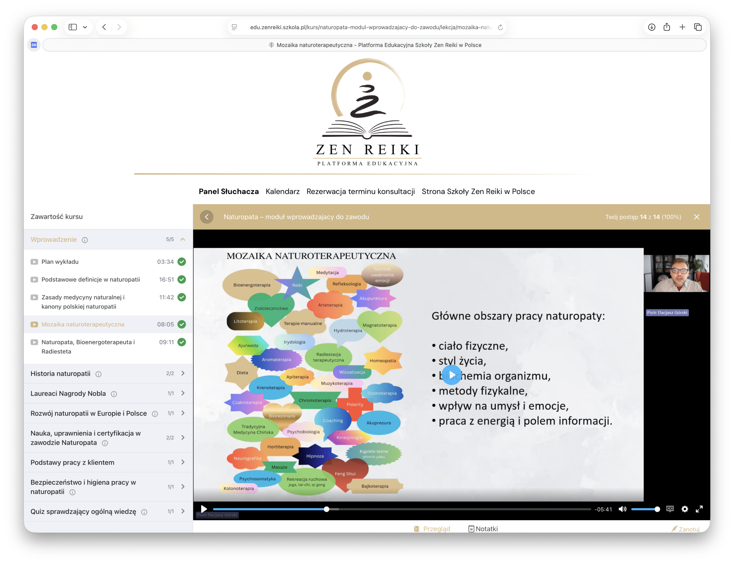 Zrzut ekranu z platformy e-learningowej Zen Reiki z odtwarzaczem lekcji o naturopatii i slajdem „Mozaika naturoterapeutyczna”